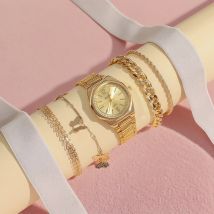 Fashionable Light Luxury Trendy Diamond-encrusted Round Dial with Steel Band Women's Quartz Watch Jewelry Set of 5, Suitable for