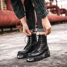 Punk Stil Frauen Stiefeletten Schwarz 6CM Plattform Boot High Tops Stiefel Metall Dekor Herbst