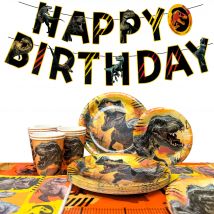 Stoviglie per decorazioni di compleanno Jurassic World, set di decorazioni per feste da 79 pezzi, piatti per feste a tema dinosauro, tazze, tovaglioli, banner, ecc.