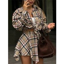 Tossy Vintage Kontrast 2-teiliges Set Rock für Frauen Langarm schlanker Patchwork-Mantel und Rock mit hoher Taille Outfits Damenkleidung