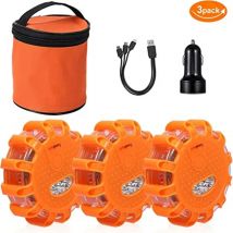 3 Pack LED Road Flares Flashing Emergency Warning Light USB Rechargeable Help Flash Roadside Safety Disc Magnetic Flashing Base