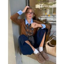 Damen Vintage Braun Argyle Plaid Lose Gestrickte Tops Frauen Kausalen Polo Kragen Taste Pullover Pullover Herbst Neue Frauen Strickwaren