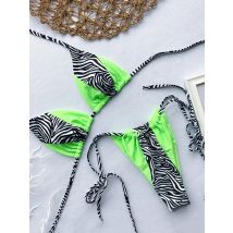 Zebra-Print Neckholder Micro Bikini 2025, Damen Bandeau String Badeanzug, weibliche Badebekleidung, neonglänzendes Bikini-Set, Leoparden-Badeanzug
