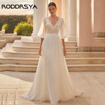 RODDRSYA Puff Ärmeln Boho Hochzeit Kleid Braut Spitze V-ausschnitt Chiffon A-linie Brautkleider Frauen Angepasst Puff Ärmel Boho Brautkleid Braut Spitze V-Ausschnitt Chiffon eine Linie Brautkleider