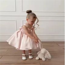 Süßes Satin-Festzugkleid für Kleinkinder, Satin-Rouge-Blumenmädchenkleid für Kinder, Schleifen, Prinzessin, Mädchen-Weihnachtskleid, knielang, Perlen