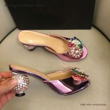 Vintage Kristall Blume verzierte Hausschuhe Runde offene Zehen Strass Orb High Heels Sommer Pull On Damen moderne Hausschuhe