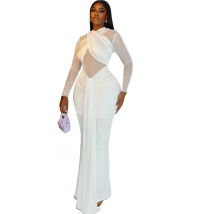 Damen-Kleid mit Brustumwickel, plissiertem Bandage, Rollkragen, langen Ärmeln, hoher Taille, Hüften, langes Kleid, Perspektive, Gaze, gespleißt, sexy