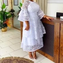 Dashiki Afrika Kleidung afrikanische Party Abendkleider für Frauen Sommer elegant 2024 weiß Mesh hohe Taille 3/4 Ärmel Midi-Kleid