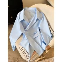 Damska koszulka polo z nieregularnym długim rękawem, tunika, biała, elegancka, basic, bluzka, moda damska, koszule do pracy.