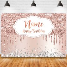Benutzerdefinierte Name Foto Rose Golden Happy Birthday Party Hintergrund Glitzer Diamant Geburtstag Hintergrund Mädchen Süße Geburtstag Party Banner