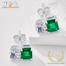 ‌S925 Sterling Silver Two Stone Earrings Emerald Cut Green Zircon & Oval Zircon Prong Setting Minimalist Elegant Jewelry Gift