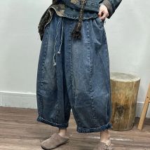 2023 neue Frühlings kunst Stil Frauen elastische Taille Baumwolle Denim weites Bein Hosen Patchwork Design Vintage blau Länge lose Jeans c825