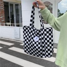 Schwarz-weiß karierte gemusterte Handtasche für Frauen, weibliche Shopping-Umhängetaschen, Designer-Einkaufstasche, modische Canvas-Tasche