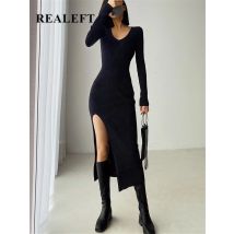 REALEFT Autumn Winter French Sexy Slit Women's Sweater Dress Female V-Neck Slim Tight-fitting Wrap Dresses 2023 New
