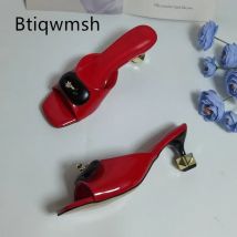 Diamond Ring Rhinestone Sandals Woman Open Toe Red Leather Strange High Heel Mules Lady Sexy Party Shoes