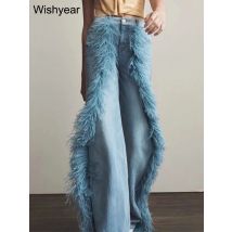 Gewaschen Blau Gespleißt Feder Jeans Frauen Hohe Taille Patchwork Taste Denim Breite Bein Hosen Weibliche Freund Streetwear Hosen