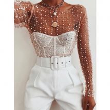 Gtpdpllt T-shirt Sexy Trasparente da Donna con Rete e Patchwork di Diamanti e Perle, T-shirt Slim Elegante, Top Corto Femminile, Abbigliamento Primavera 2026