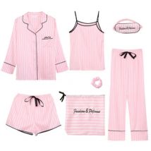 Frühling Herbst 7-teiliges Set Seide Elegante Frauen Pyjamas Druck Shorts Langarm Top Elastische Taille Hosen Lounge Nachtwäsche
