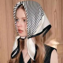 Luxus Marke Weiche Satin Schal Schwarz Und Weiß Gestreiften Kopf Wrap Für Frauen Haarbänder Kopftuch Damen Halstuch
