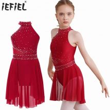 Maglia da balletto per bambina con strass scintillanti, abito lirico, ginnastica, pattinaggio artistico, costume da ballerina, tutù, vestito collant