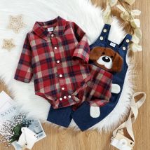 Niedliche Baby Baby Anzug Frühling Herbst Langarm Plaid Stram pler Cartoon Hund Muster lange Hosenträger Hosen Overalls Kleidung