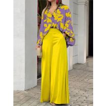 Frühling Herbst Neue frauen Mode Gedruckt Einreiher Hemd Einfarbig Hosen Casual Komfort Zwei Stück Set