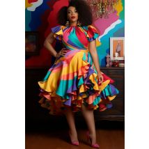 Plissee A-Linie Rüschen kleid plus Größe Vintage mehrfarbigen Rundhals ausschnitt Blütenblatt Ärmel Kurzarm elegantes süßes Satin Midi kleid