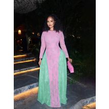 Nibber o-Neck Contrast Patchwork Long Dress Women Crayfish Print Full Sleeve See Through Hem Autumn Fashion Elegant Vestidos