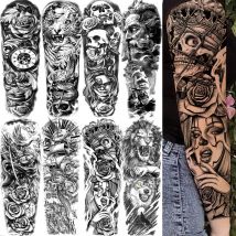 1 foglio teschio della morte leone lupo finto Zeus Dio tatuaggi temporanei per uomo donna grande adesivo tatoo nero impermeabile manica a braccio completo