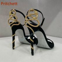 Snake Cross Peep Toe Stiletto Sandals Buckle Strap High Heel Dress Shoes Solid Slingback Runway Shoes Summer Sexy Fashion Luxury