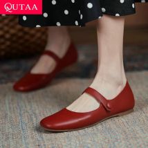 Qutaa 2021 flache Absätze Retro quadratische Zehen Echt leder Damenschuhe Frühling Herbst Klett