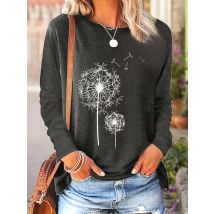 Women's Spring and Autumn 100% pure cotton fashionable casual loose dandelion pattern printed round neck long sleeved T-shirt