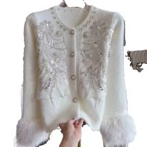 2025 Autumn Winter Warm Mink fur Sweater Coat for Women Long Sleeve Embroidered Flares Single Breasted Knitted Cardigan Jacket