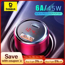 Baseus 45W cargador de coche QC 4,0 3,0 para Xiaomi Huawei Supercharge SCP Samsung AFC carga rápida PD USB C carga de teléfono portátil
