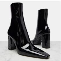 Neue Herbst Frauen Schwarz Shiny Patent Leder Karree Chunky Heels Schlank Stiefeletten Damen High Heel Ritter Kurze Booties Schuhe