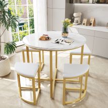 Anajqaqia Esszimmertisch-Set, mit 4 Stühlen, Esszimmer-Set mit MDF-Tischplatte und vergoldeten Eisenrahmen, Samtstuhl, Weiß