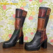Plattform Plaid Patchwork Retro Damen Kniehohe Stiefel Karree Block Heels Reißverschluss Große Größe Moderne Stiefel 2024 Winter