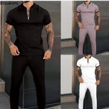 Neue 2026 Trend männer Sport Anzug Kurzarm Half Zip Stehkragen Pullover + Hosen Zwei Stücke Fashion Solid beiläufige Dünne Männliche Sets