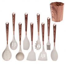 LMETJMA Set di utensili da cucina in silicone 10 pezzi Utensile da cucina con portautensili Manici modello in legno Pentole antiaderenti JT264