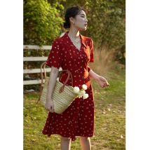 DUSHU Frauen Kleid Sommer Retro Rot Floral Chiffon-Kleid Büro Dame Kurzarm A-LINIE Rock Kleidung Für Frauen Druck Kleider