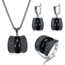 Ajojewel Original Designer Antik Silber Farbe Frauen Schmuck Set Geometrische Grüne Stein Ring Halskette Und Ohrringe Sets