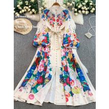 Herbst Langarm Floral Maxi Kleid Frauen Einreiher Nationalen Graben Böhmen EINE Linie Lose Beiläufige Gürtel Vintage Kleid