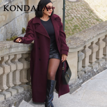 KONDALA 2025 Herbst Winter Casual Frauen Lange Mischungen Lange Mäntel Burgund Vintage Zweireiher Schärpen Tropfen Schultern Lange Mäntel