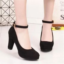 Frühling Frauen Pumpen Flock Süße Dicke High Heels Ankle Strap Weibliche Plattform Klassische Runde Kappe Kleid Nette Schuhe Damen Schuhe