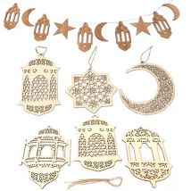 Hölzerne Eid Mubarak hängende Ornamente Mond Stern Laterne Anhänger Ramadan Kareem Dekoration 2025, islamische Musselin Home Wall Decor