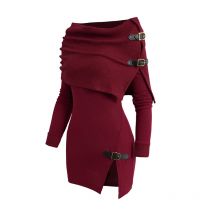 Damen Open Shoulder Strick Falt oberteil Langarm Schnallen riemen einfarbig Top Herbst Winter rot gestrickte Tops