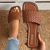 Women's Sandals Summer Luxury Fashion Flat Bottom Slippers Casual Simple Solid Colour One Word Woven Strap Sandy Beach Sandals