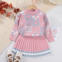 Girls Sweater Sets 2023 Autumn/Winter Knit Set Girls Geometric Printed Knit Top+Striped Pleated Skirt Two Piece Set