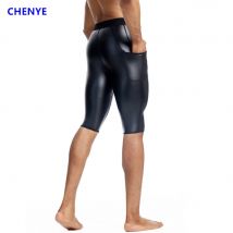 Herren Fitness Sportshorts Herren Leder Schwarz Lauftrainingshose Kunstleder Shorts Wet Look Slim Shorts Clubwear mit Tasche
