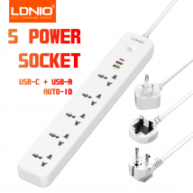 LDNIO Presa multipla a 5 prese con 3 porte USB USB C USB A Presa universale Estensione UK EU US Presa multipla multifunzione